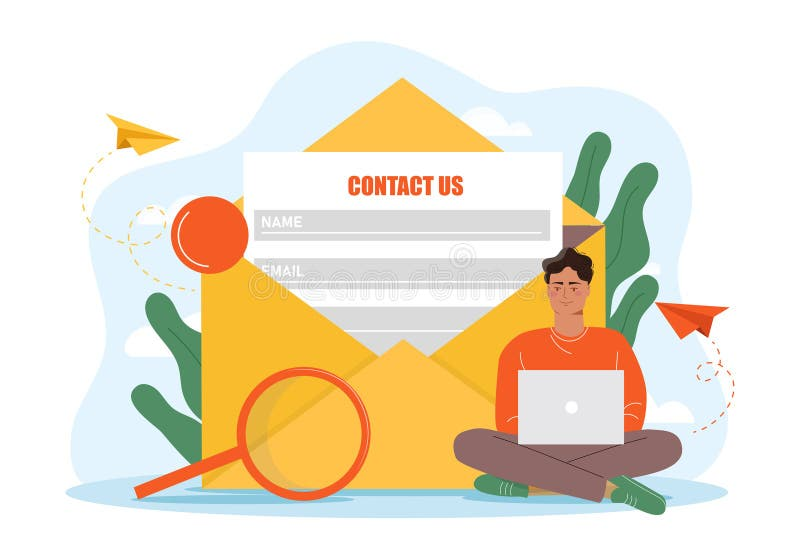 contact form envelope laptop vector illustration inside large person using surrounded paper planes plants white 391210633