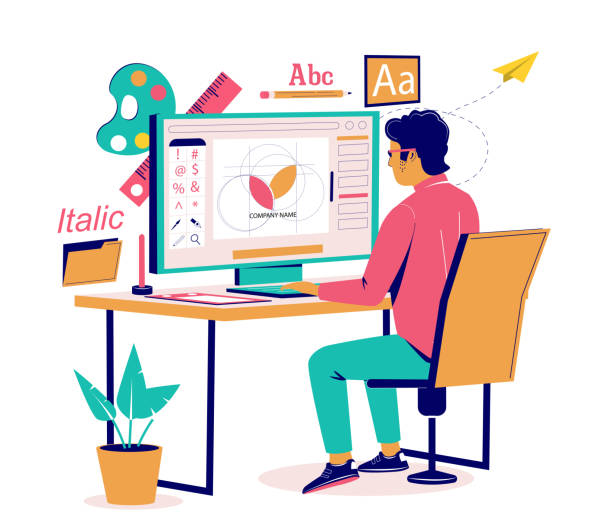 graphic designer creating logo design vector flat isometric illustration