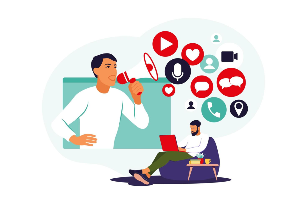 social media marketing concept man using social networking smm management online advertising illustration flat vector